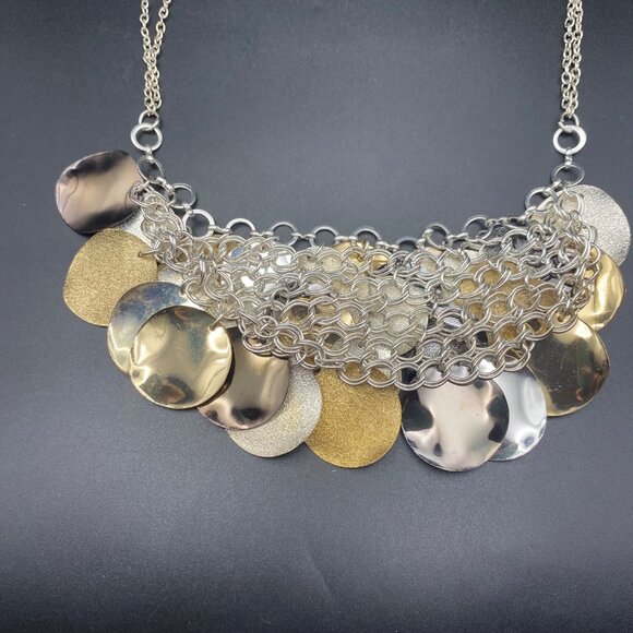 Statement Bib Necklace Gold Silver Gunmetal Disc Multi Tone Layer Dangle 18-20" - Picture 3 of 6